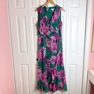London Times Sleeveless Ruffle Wrap Midi Dress, Size 12